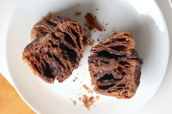 Inside of Chocolate Morning Brioche ($6) - it's tasty. Not overwhelmingly chocolatey. Has chocolate pieces and candied citrus peel inside.