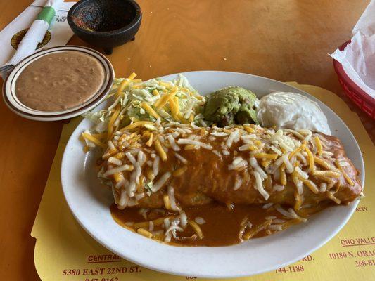 Shredded Beef Burro The Works, Refried Beans