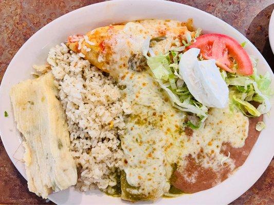 3 item combo Chicken Enchilada with salsa verde, sweet corn tamale and Chile Relleno with beans and rice.