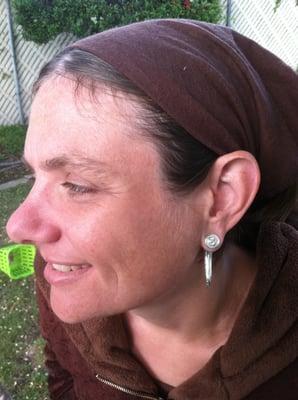 Here are the earrings in my ears.  Perfect fit, great sparkle, exactly what I wanted!