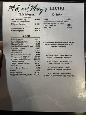 Back of the menu