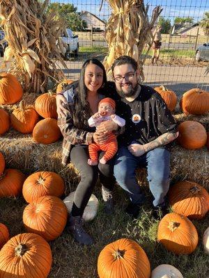 Family picture in the photo area with all the pumpkins in the front.