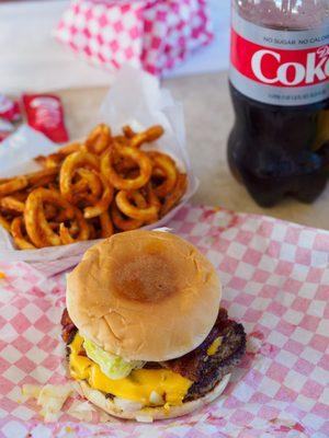 Bacon Cheese Burger and a side of curly fries, Yum!