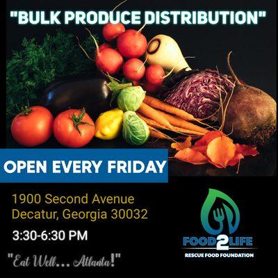 Food2Life-Rescue Food Foundation is located @ 1900 Second Avenue, Decatur GA 30032
 
 Food2Life is open every Friday from 3:30-6:30PM.