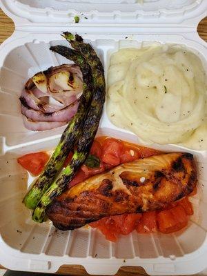 Salmon, Asparagus, Mashed Potatoes upon delivery.  Expensive (30) but good meal.