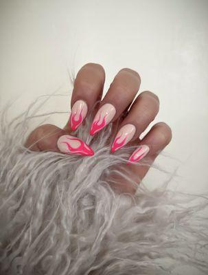 Pink flame nails pointy almond shape by Joanne