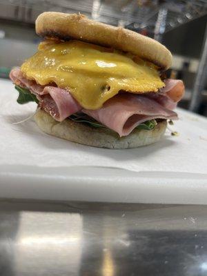 Ham Deluxe Breakfast sandwich on an english muffin