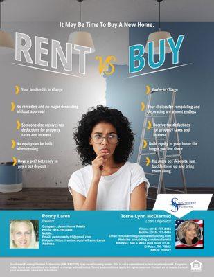 Rent VS. Buy, something to think about. Call me and lets talk.