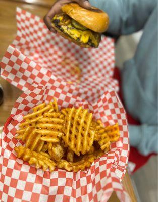 Double smash burger with waffle fries