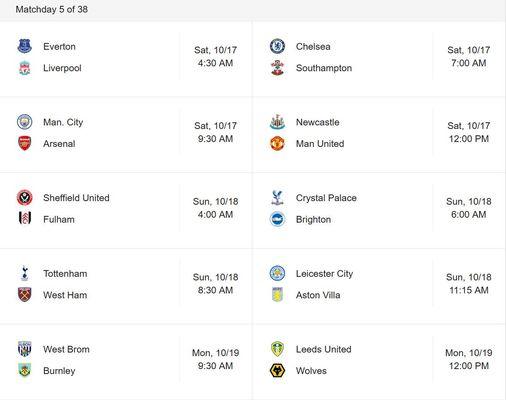 Premier League Soccer Schedule for Week 5