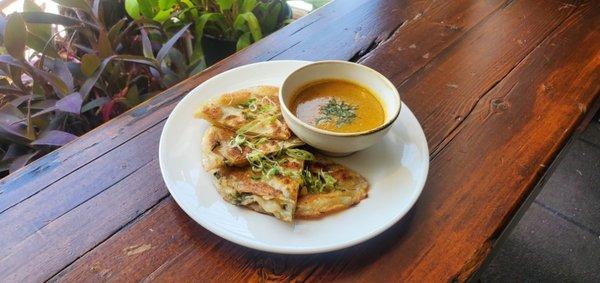 Crispy, chewy Scallion Pancake with Coconut Curry dip