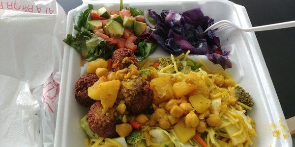 Avocado lettuce spinach tomatoes red onions. Purple cabbage. Falafel w chickpeas potatoes noodles cabbage carrots broccoli. Good. $13-14