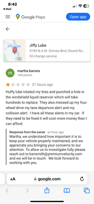 Alleged response from jiffy lube