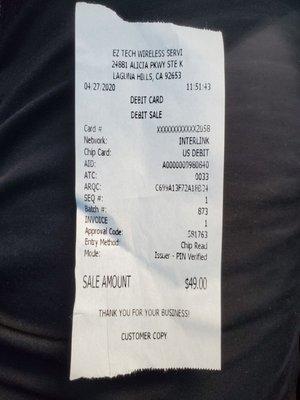 Sales receipt for proof of service.