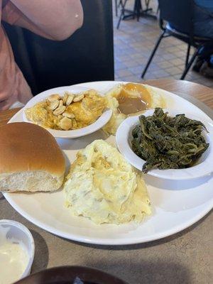 4 veggie plate with roll.  Spinach, squash casserole, potato salad and mashed potatoes and gravy.