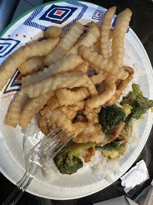 69. Chicken with Broccoli White Rice and French fries