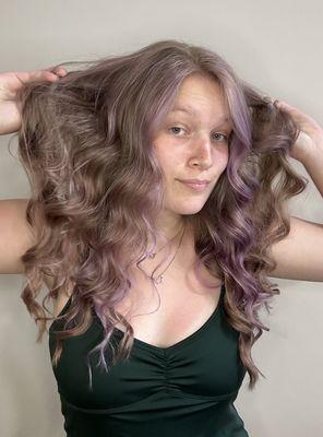 Balayage highlights and with temporary purple color conditioner