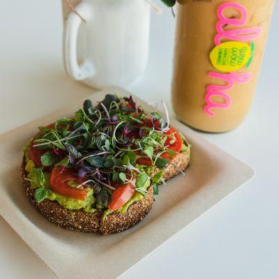 Micro green avocado toast and a pumpkin spice cold brew.