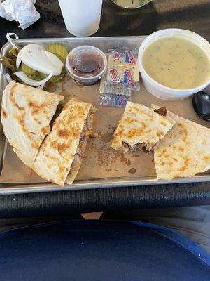 Brisket quesadillas with a side of potato soup