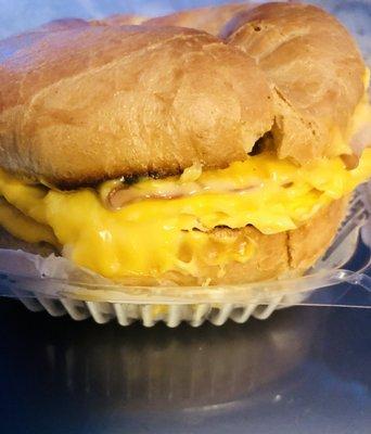 Ham egg and cheese bagel .