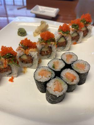 Salmon roll and spicy tuna roll