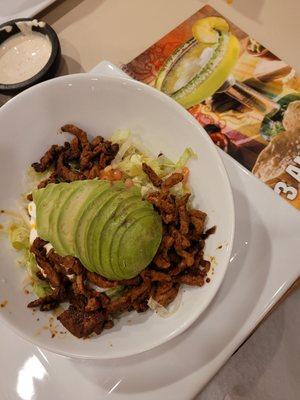 Steak burrito bowl, no cheese