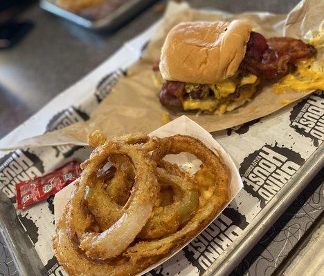 Burger and onion rings