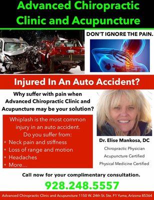 We treat auto accidents, personal injuries, worker's comp injuries and more. Call now for an appointment.