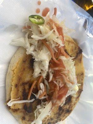 Pupusa Revuelta.  Topped with Curtido