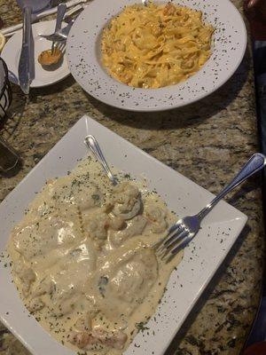 Lobster ravioli and crawfish fettucine Alfredo