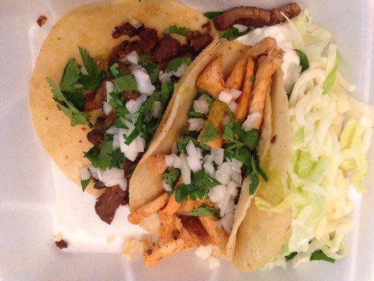 Steak taco, chicken taco, & vegetarian taco.