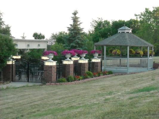 The outdoor gazebo is perfect for a wedding outside. Beautifully lit at night with special lighting. Breath taking in person!