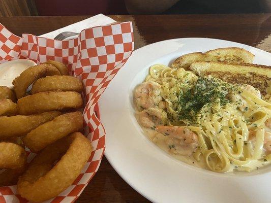 Onion Rings and Shrimp Alfredo Pasta