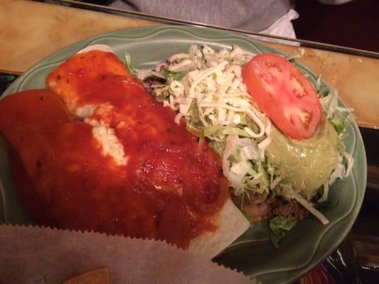 La favorita: one beef burrito, one tostagauc and one chicken enchilada