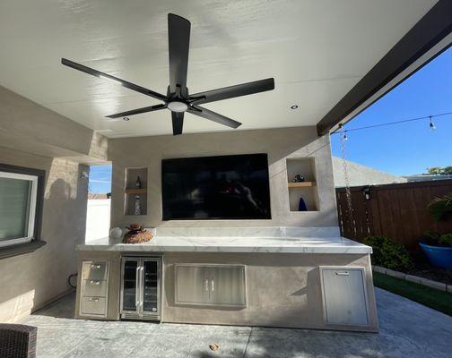 New TV Wall w/counter, wine fridge, and storage