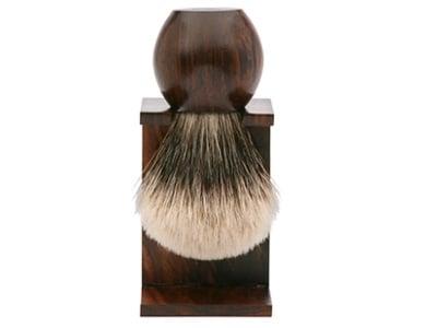 HAND MADE PALLISSANDER WOOD HANDLE AND STAND WITH  SILVER TIP BADGER SHAVING BRUSH FROM VIENNA.