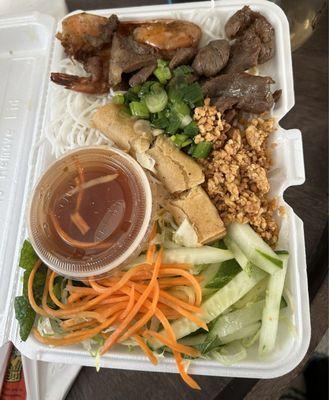 59. Bun Tom, Thit, Cha Gio (Grilled shrimp, pork, and egg rolls with vermicelli)