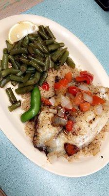 Grilled Talapia, rice and green beans.