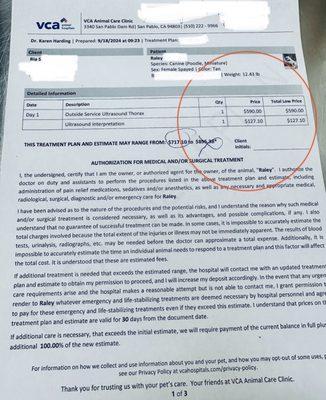 Compared ultrasound procedure estimate to Bayside Vet's outrageous almost $1900 ultrasound procedure.