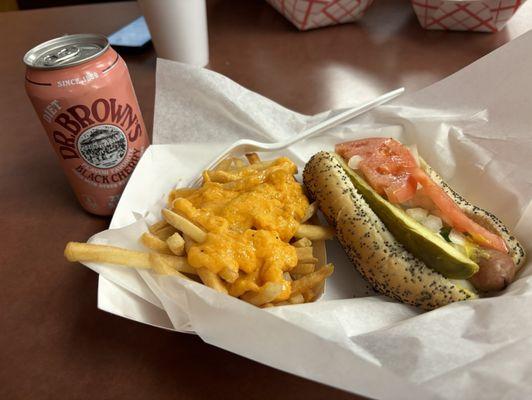 Hot dog Chicago style (no peppers). Merkts cheese fries and a cherry soda