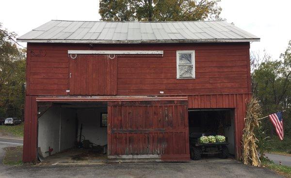 One of the old barns in the parking lot.