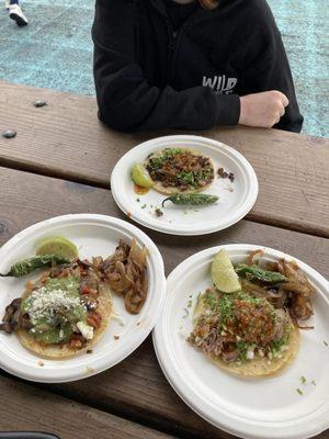 Carne asada, mushroom and carnitas tacos.