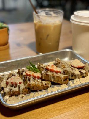 Jack Daniels bread pudding, iced caramel latte, and a hot toffee nut latte