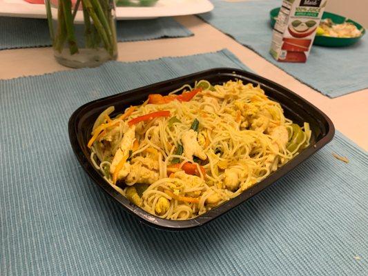 Singapore rice noodles with chicken.  Big curry flavor.  This was AFTER I ate 1/3 of it.