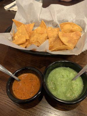 Red (Hot!) and Green (Not as Hot) sauces come with the Gratis Chips (we already ate a bunch).