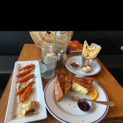 My meal.. Zolas Monte Cristo Sandwich- Honey Roasted Carrots- Pommes Frites.