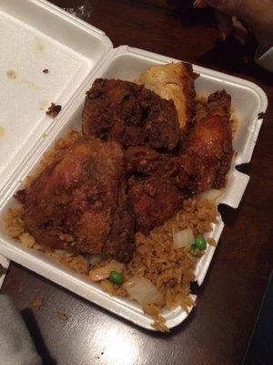 Half fried chicken with shrimp fried rice