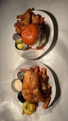 Dry aged pub burger Halibut fish & chips