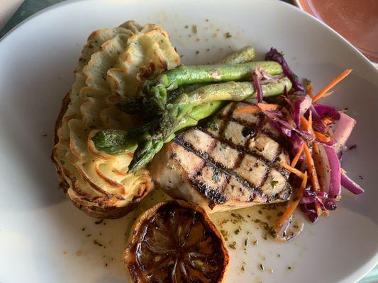 Swordfish with twice baked potato and asparagus (instead of the quinoa rice and slaw)