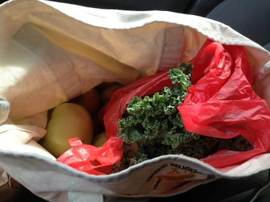 3 potatoes at $2 for 2lbs, 2 frying green tomatoes for $3, a big bunch of kale $4 and a croissant $2.50 so I spent around $17.